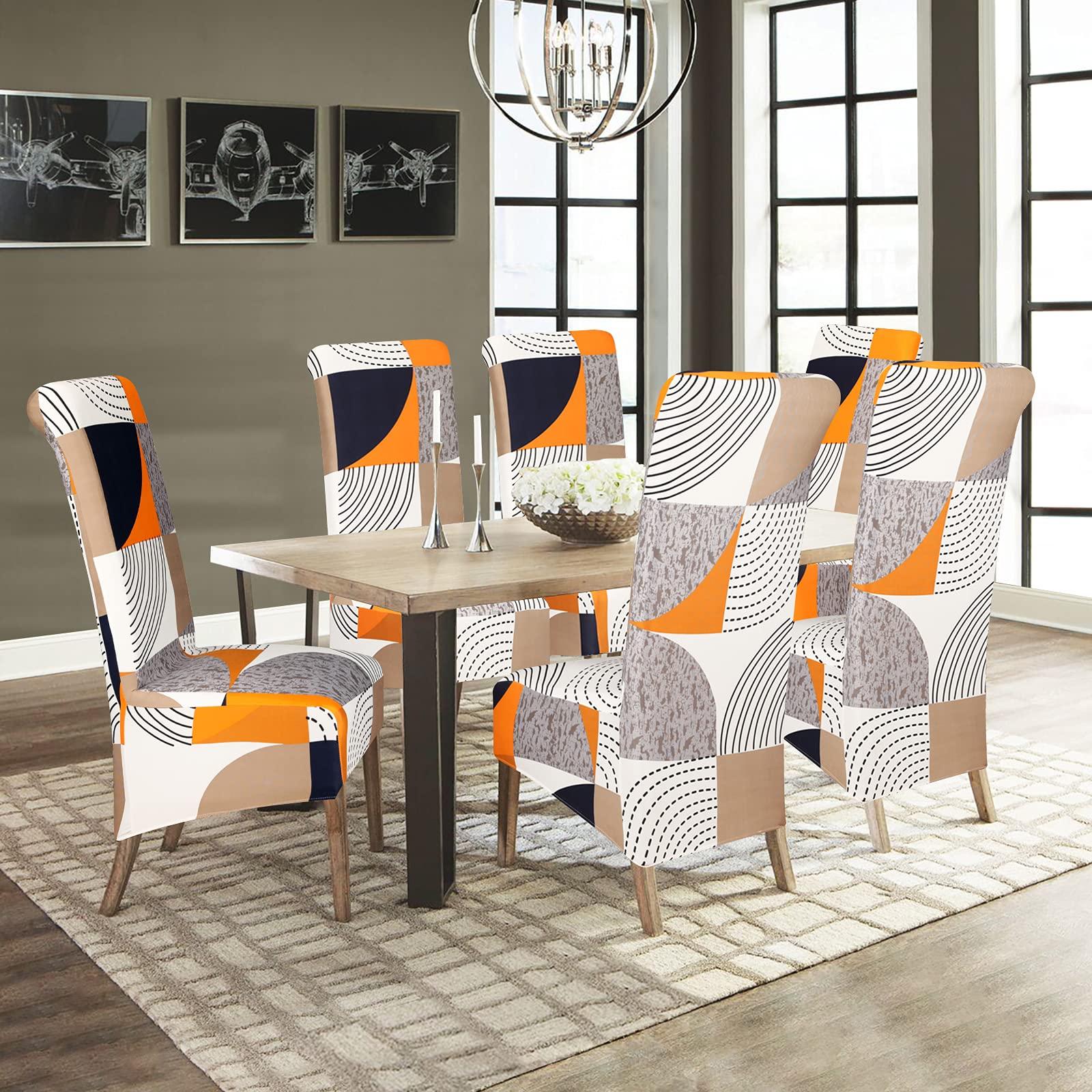 XL Size High Back Chair Cover Stretch Printing Plaid Pattern Chair Slipcover for Dining Room Banquet Hotel Home Decor Color 348 Pack of 6