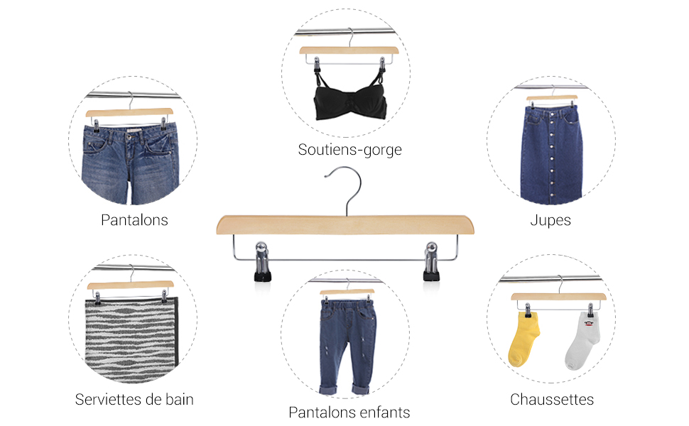 SONGMICS Lot de 8 Cintres-Pinces pour Pantalons et Jupes en Bois Naturel 35,5 cm