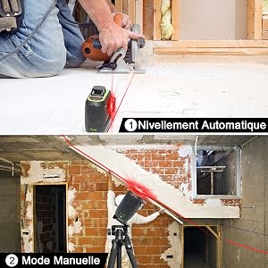 Mode de Nivellement Automatique & Mode Manuelle/ D'inclinaison: 1.Mode de Nivellement Automatique: ●La mise à niveau automatique garantit des lignes parfaitement droites et compense automatiquement les écarts de niveau jusqu’à ±3.5°. ●Tournez le pendule en position déverrouillée pour activer le mode de mise à niveau automatique. 2.Mode Manuelle/ D'inclinaison: ●Le laser lignes ne permet pas seulement d’effectuer des mises à niveau précises, il dispose aussi d’une fonction d’inclinaison très pratique et très utile, par exemple pour la pose de rampes d’escalier. ●La ligne laser projetée en mode manuel ne peut pas être utilisée comme référence horizontale ou verticale.