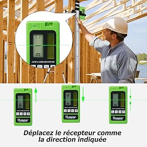 Icônes LCD Déplacez le détecteur selon la direction indiquée: ●Datum inférieur à faisceau laser - Déplacer vers le haut ●Datum supérieur à faisceau laser - Déplacer vers le bas ●Lorsque le point de référence est aligné sur le rayon laser - la direction devient une ligne