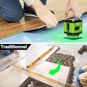 1. Niveau laser plus professionnel que les mesures au sol traditionnelles:  Ligne horizontale à 360 degrés: ●Projets Ligne horizontale commutable à 360° et ligne verticale à 130° auto-nivelant (H360 et V130) ●La tête laser peut pivoter sur 360 ° pour permettre un niveau continu. ●Le système de montage auto-nivelant garantit une installation précise à chaque fois.  Pour niveler dans des environnements lumineux: ●La lumière émise en lumière verte est plus élevée en raison de la longueur d'onde modifiée qu'avec la lumière rouge. ●Cela rend les lignes du FL360G plus visibles pour l'œil humain - idéal pour travailler dans des environnements très lumineux, tels que les fenêtres proches.