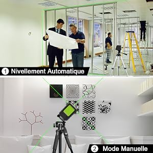 Mode de Nivellement Automatique &
[SENTENCE 17] Mode Manuelle/ D'inclinaison 1. Mode de Nivellement Automatique: ●La mise à niveau automatique garantit des lignes parfaitement droites et compense automatiquement les écarts de niveau jusqu’à 4°±1°.
[SENTENCE 18] ●Tournez le pendule en position déverrouillée pour activer le mode de mise à niveau automatique.
[SENTENCE 19] 2. Mode Manuelle/ D'inclinaison: ●Le laser lignes ne permet pas seulement d’effectuer des mises à niveau précises, il dispose aussi d’une fonction d’inclinaison très pratique et très utile, par exemple pour la pose de rampes d’escalier.
[SENTENCE 20] ●La ligne laser projetée en mode manuel ne peut pas être utilisée comme référence horizontale ou verticale.