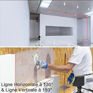 Opération Simple: ●La commande à un bouton facilite la projection de lignes croisées ou de lignes indépendantes. ●Appuyez sur le bouton d'alimentation une fois à chaque fois. Basculer entre lignes croisées, lignes verticales ou lignes horizontales. ●Ligne horizontale à 130° et ligne verticale à 150° (H130° / V150°)
