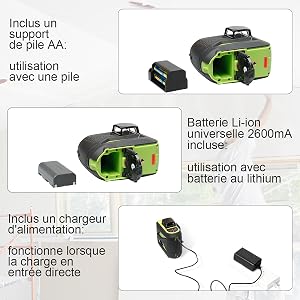 Triple alimentation: ●Notre outil laser Rouge 603CR utilise la pile au lithium 7.4V/2600mAh incluse, que vous pouvez acheter facilement sur le marché local. ●Cet outil laser est livré avec un support pour installer une pile AA afin de pouvoir utiliser l'outil. ●Charge à entrée directe: Cet outil laser peut être utilisé sur le chantier avec une charge à entrée directe, même si la batterie est retirée. ●La protection de charge empêche l’outil de surcharger.