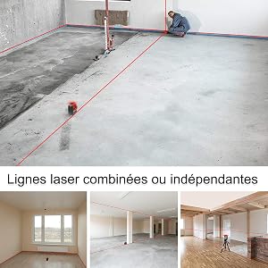 Laser commutation de ligne: ●Le fonctionnement autonome facilite la projection de lignes combinées ou indépendantes. ●Chaque fois que vous appuyez une fois sur le bouton d'alimentation, l'outil laser projette la ligne horizontale, la ligne verticale et la ligne croisée l'une après l'autre. ●Ligne horizontale 360° et ligne verticale 360° (H360° / V360°)