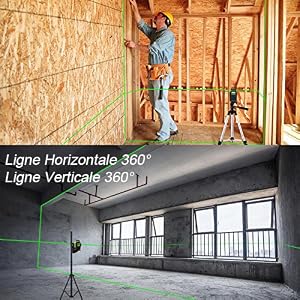 Opération Simple: ●Le fonctionnement en un seul bouton facilite la projection de lignes croisées ou de lignes indépendantes. ●Appuyez brièvement sur le bouton d'alimentation à chaque fois. Basculer les lignes croisées, la ligne verticale ou la ligne horizontale ●Ligne Horizontale 360° & Ligne Verticale 360° (H360° / V360°)