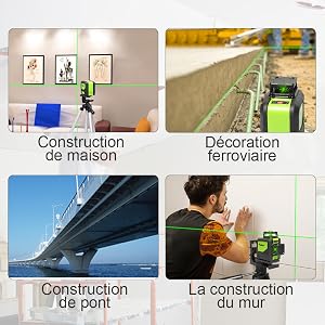 Largement utilisé: ●Idéal pour l'alignement rapide et droit des images, des carreaux, des papiers peints, des armoires murales, des étagères, etc. ●Les lasers à lignes croisées auto-nivelants, qui garantissent différents travaux d'alignement dans ou autour de la maison, peuvent être effectués rapidement et avec précision. ●Même l'alignement des lignes diagonales n'est pas un défi grâce à la fonction d'inclinaison.