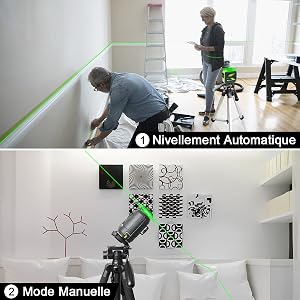 Mode de Nivellement Automatique & Mode Manuelle/ D'inclinaison: 1. Mode de Nivellement Automatique: ●La mise à niveau automatique garantit des lignes parfaitement droites et compense automatiquement les écarts de niveau jusqu’à ±4°. ●Tournez le pendule en position déverrouillée pour activer le mode de mise à niveau automatique. 2. Mode Manuelle/ D'inclinaison: ●Le laser lignes ne permet pas seulement d’effectuer des mises à niveau précises, il dispose aussi d’une fonction d’inclinaison très pratique et très utile, par exemple pour la pose de rampes d’escalier. ●La ligne laser projetée en mode manuel ne peut pas être utilisée comme référence horizontale ou verticale.