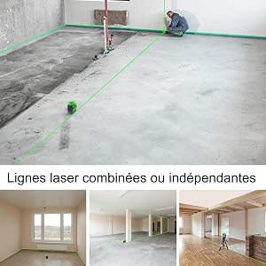 Laser commutation de ligne: ●Le fonctionnement autonome facilite la projection de lignes combinées ou indépendantes. ●Chaque fois que vous appuyez une fois sur le bouton d'alimentation, l'outil laser projette la ligne horizontale, la ligne verticale et la ligne croisée l'une après l'autre. ●Ligne horizontale 360° et ligne verticale 360° (H360° / V360°)