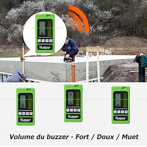 Buzzer rappeler Un signal sonore signale que le faisceau laser a été détecté: ●Un signal sonore plus lent - Move Up ●Un signal sonore bip rapide - Déplacer vers le bas ●Peut basculer dans le volume ou activer le mode silencieux.