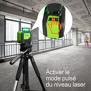 Utiliser le détecteur en mode impulsion: ●Veuillez activer le mode impulsion du niveau laser lorsque vous avez besoin de travailler avec le détecteur laser. ●Recommandé pour l'utilisation avec le niveau laser Huepar Niveau Laser 901CG/902CG, BOX-1G/R, 8211G, 621CG/R, 622CG/R, 602CG/R, 603CG/R, GF360G/R, 903CG/R . (Également compatible avec Tacklife SC-L03 et SC-L04) ●Veuillez noter qu'il n'est pas compatible avec le niveau laser rotatif.