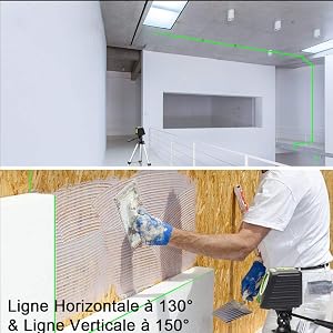 Opération Simple: ●La commande à un bouton facilite la projection de lignes croisées ou de lignes indépendantes.
[SENTENCE 14] ●Appuyez sur le bouton d'alimentation une fois à chaque fois.
[SENTENCE 15] Basculer entre lignes croisées, lignes verticales ou lignes horizontales.
[SENTENCE 16] ●Ligne horizontale à 130° et ligne verticale à 150° (H130° / V150°)