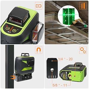 Utilisation facile: ●4 indicateurs de batterie sur le clavier permettent aux utilisateurs de connaître le volume actuel de la batterie à tout moment. ●Plaque cible verte: Augmente la visibilité du faisceau laser ou du point laser. ●Base pivotante magnétique puissante à 360°: Permet de fixer un rail métallique et de l'acier, vous permettant de faire pivoter le niveau laser à 360 degrés, projetant des lignes à n'importe quel angle ●Deux tailles de montage: Filetages de montage 1/4 "-20 et 5/8" -11 pour la fixation temporaire sur place ou pour la fixation sur un trépied.