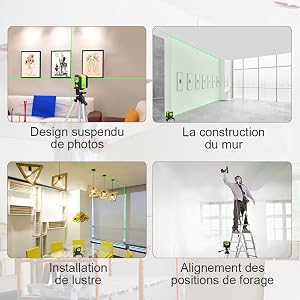 Largement utilisé: ●Les outils laser de Huepar peuvent vous aider à travailler efficacement dans la décoration de la maison: par exemple, aligner certains planteurs en prévision de nouveaux projets de terrasses ●projets de rénovation domiciliaire, accrocher des photos, pose de tuiles, fenêtres, miroirs, etc.