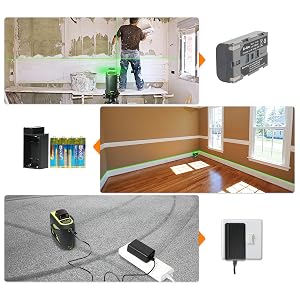 Triple alimentation: ●Cet outil laser utilise la batterie au lithium haute capacité incluse, compatible avec la batterie Samsung SB-L110. ●Cet outil laser est livré avec un support pour installer une pile AA afin de pouvoir utiliser l'outil. ●Charge à entrée directe: Cet outil laser peut être utilisé sur le chantier avec une charge à entrée directe, même si la batterie est retirée. ●La protection de charge empêche l’outil de surcharger.