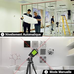 Mode de Nivellement Automatique & Mode Manuelle/ D'inclinaison 1. Mode de Nivellement Automatique: ●La mise à niveau automatique garantit des lignes parfaitement droites et compense automatiquement les écarts de niveau jusqu’à 4°±1°. ●Tournez le pendule en position déverrouillée pour activer le mode de mise à niveau automatique. 2. Mode Manuelle/ D'inclinaison: ●Le laser lignes ne permet pas seulement d’effectuer des mises à niveau précises, il dispose aussi d’une fonction d’inclinaison très pratique et très utile, par exemple pour la pose de rampes d’escalier. ●La ligne laser projetée en mode manuel ne peut pas être utilisée comme référence horizontale ou verticale.