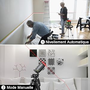 Mode de Nivellement Automatique & Mode Manuelle/ D'inclinaison: 1.Mode de Nivellement Automatique: ●La mise à niveau automatique garantit des lignes parfaitement droites et compense automatiquement les écarts de niveau jusqu’à ±4°. ●Tournez le pendule en position déverrouillée pour activer le mode de mise à niveau automatique. 2.Mode Manuelle/ D'inclinaison: ●Le laser lignes ne permet pas seulement d’effectuer des mises à niveau précises, il dispose aussi d’une fonction d’inclinaison très pratique et très utile, par exemple pour la pose de rampes d’escalier. ●La ligne laser projetée en mode manuel ne peut pas être utilisée comme référence horizontale ou verticale.