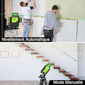 Mode de Nivellement Automatique & Mode Manuelle/ D'inclinaison: A. Mode de Nivellement Automatique: ●La mise à niveau automatique garantit des lignes parfaitement droites et compense automatiquement les écarts de niveau jusqu’à ±4°. ●Tournez le pendule en position déverrouillée pour activer le mode de mise à niveau automatique. B. Mode Manuelle/ D'inclinaison: ●Le laser lignes ne permet pas seulement d’effectuer des mises à niveau précises, il dispose aussi d’une fonction d’inclinaison très pratique et très utile, par exemple pour la pose de rampes d’escalier. ●La ligne laser projetée en mode manuel ne peut pas être utilisée comme référence horizontale ou verticale.