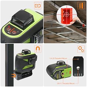 Utilisation facile: ●Conception supérieure en métal: La fenêtre laser supérieure en métal surmoulé avec résistance IP54 à l'eau et à la poussière vous permet de bien travailler dans des environnements de travail dangereux. ●4 indicateurs de batterie sur le clavier permettent aux utilisateurs de connaître le volume actuel de la batterie à tout moment. ●Plaque cible verte: Augmente la visibilité du faisceau laser ou du point laser. ●Base pivotante magnétique puissante à 360°: Permet de fixer un rail métallique et de l'acier, vous permettant de faire pivoter