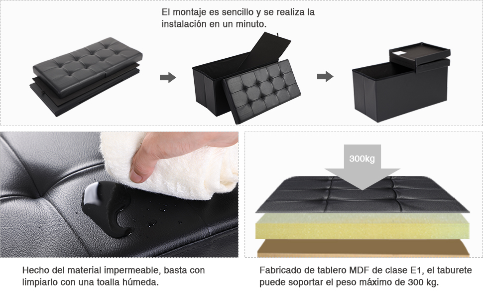 Puff Baúl Plegable, Taburete de Almacenamiento de 80 L, Tapa Plegable