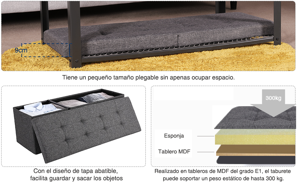 Puff Baúl Plegable, Taburete de Almacenamiento, Asiento para Calzarse