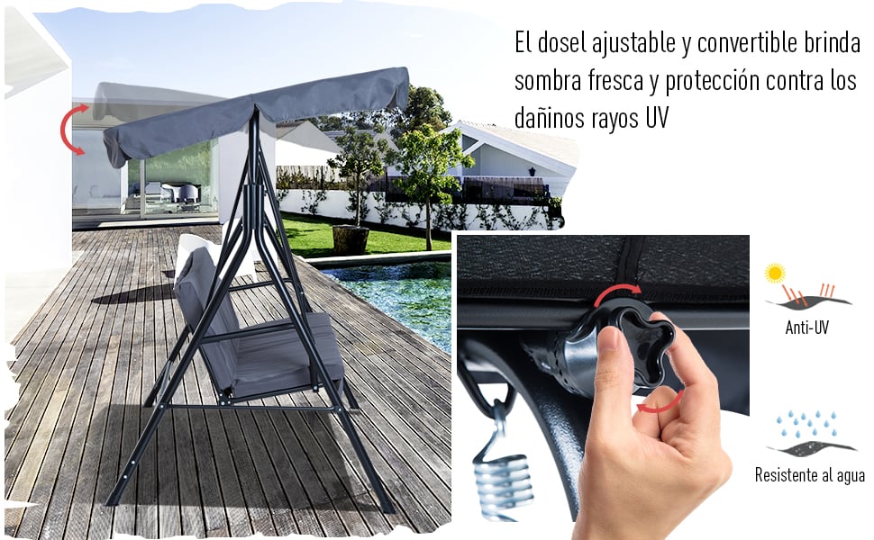 Outsunny Columpio de Jardín de 3 Plazas con Techo Ajustable Acero