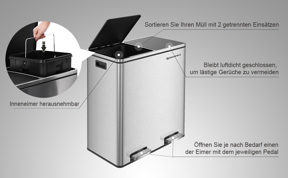YASHE Mülleimer 2x20L Edelstahl - Tretmülleimer Mit Soft-Close Für Küche