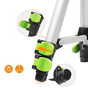 Pieds antidérapants en caoutchouc & Boucle de réglage en hauteur: ●Peut être ajustable en trois sections avec la boucle de réglage en hauteur. ●Grâce aux pieds en caoutchouc antidérapants et au niveau à bulle, vous pouvez affiner la hauteur et le niveau même s’il est placé sur un sol accidenté.