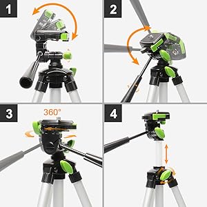 Tête plate pivotante à 3 directions - Poignée & Verrouillage: La tête panoramique flexible à 3 directions offre des panoramas à rotation de 360 degrés et vous permet de faire pivoter à n’importe quel angle horizontalement et verticalement ●Tournez le bouton pour régler: 1.Ajustez l’angle d’inclinaison du cardan à 90° 2.Faites pivoter la poignée dans le sens des aiguilles d'une montre ou dans le sens inverse: réglez la rotule à la verticale 3.Faire une rotation horizontale de 360° 4.Section de colonne centrale réglable en hauteur et rotation à 360° horizontalement