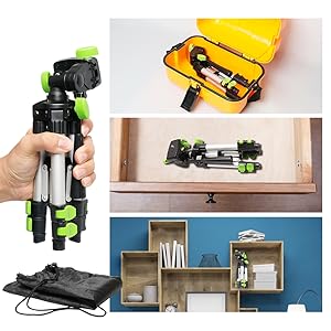 1.Léger & Compact: ●En aluminium de haute qualité ●Poids net seulement 0.37kg et taille minimum de 0.25m ●Forfait comprenant un sac de transport ●La petite taille de stockage permet de placer dans un tiroir ou une bibliothèque. ●Il ne prendra pas beaucoup de place dans le coffre ou dans la boîte à outils lors du transport. Huepar TPD05 Trépied Réglable 0.5m: ●La plaque de dégagement rapide avec montage à vis 1/4"-20. ●La tête panoramique flexible à 3 voies offre des panoramas à rotation de 360 degrés. ●Le niveau de vue à bulle intégré peut vous aider à régler l'angle et la précision. ●Les pieds à 3 sections ajustables peuvent être ajustés librement dans une plage de hauteur de 0,25 m à 0,50 m.