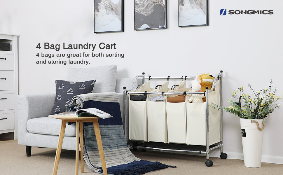 Cromo Cesto para la colada con 4 compartimentos ruedas Carrito de