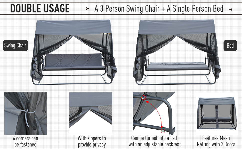 Outsunny Garden Swing Chair Patio Hammock 3 Seater Bench Canopy Lounger