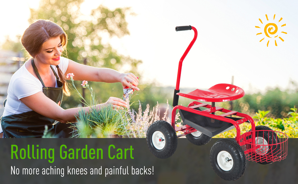 Outsunny Adjustable Rolling Garden Cart Gardening Tool Trolley Swivel