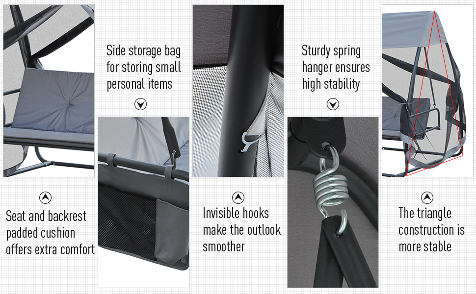 Outsunny Garden Swing Chair Patio Hammock 3 Seater Bench Canopy Lounger Grey -Outdoor Furniture Store