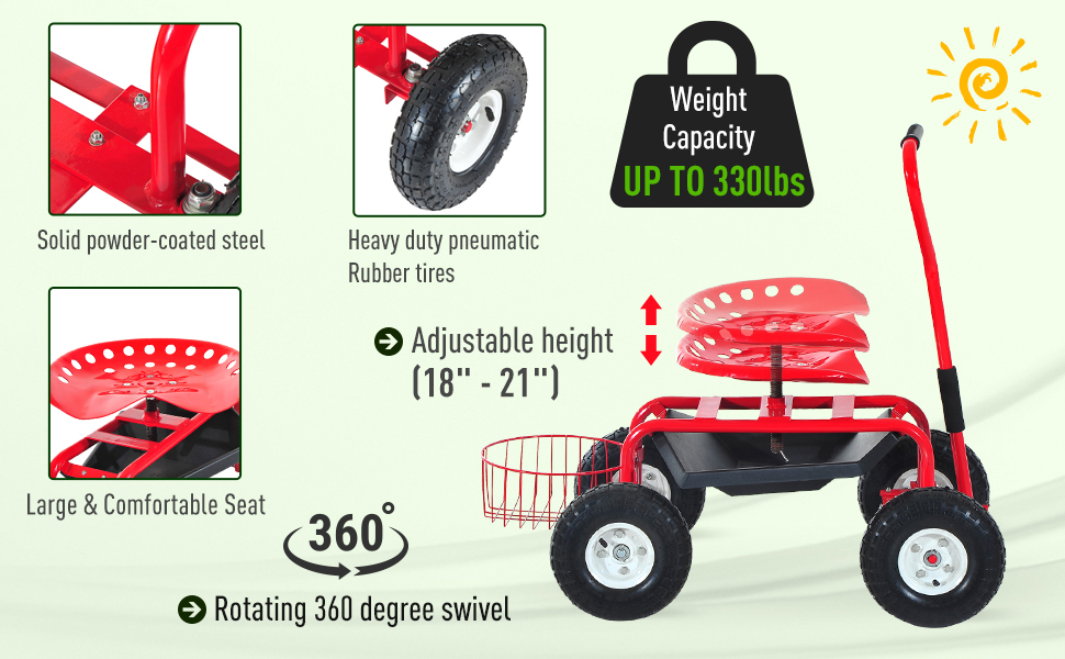 Outsunny Adjustable Rolling Garden Cart Gardening Tool Trolley Swivel