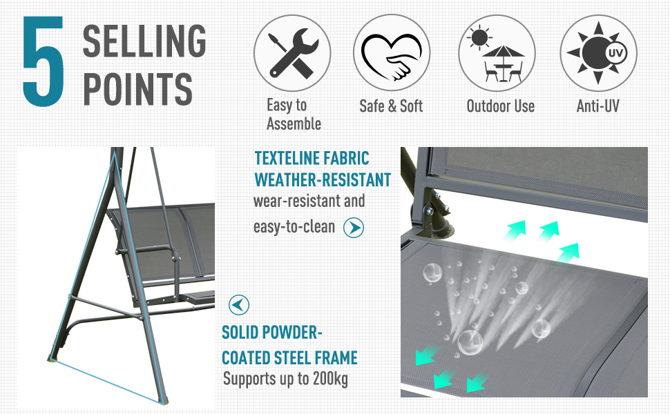 Outsunny 3 Seater Garden Swing Patio Hammock W/ Canopy For Outdoor Grey -Outdoor Furniture Store