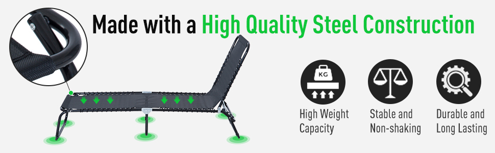 Outsunny Garden Sun Lounger Reclining Cot Foldable Hiking Camping Chair Black -Outdoor Furniture Store