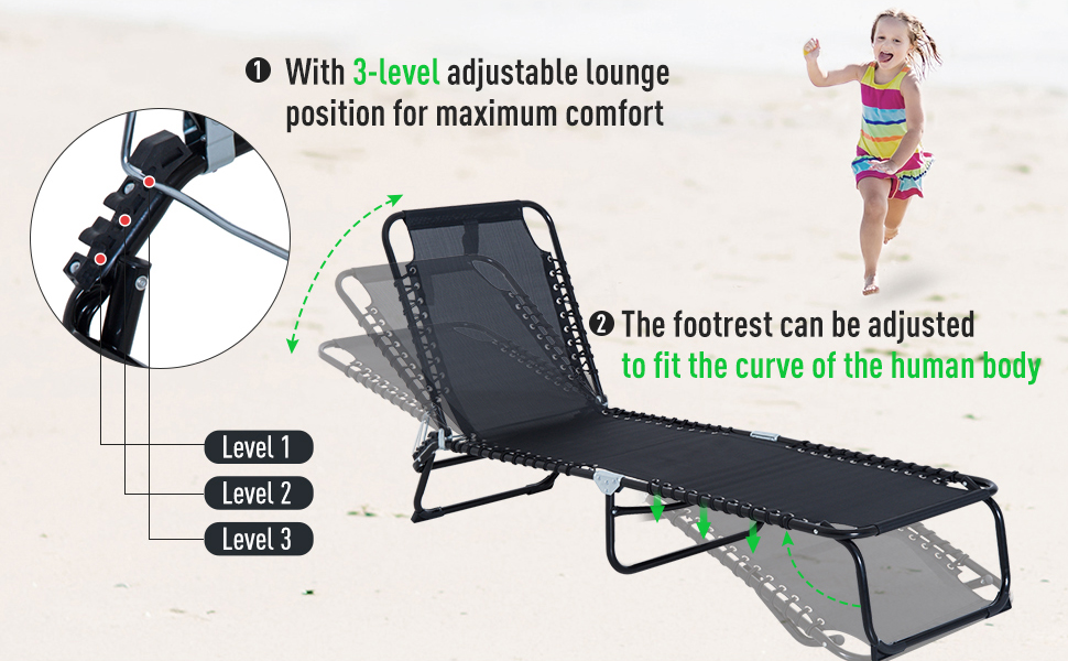 Outsunny Garden Sun Lounger Reclining Cot Foldable Hiking Camping Chair Black -Outdoor Furniture Store