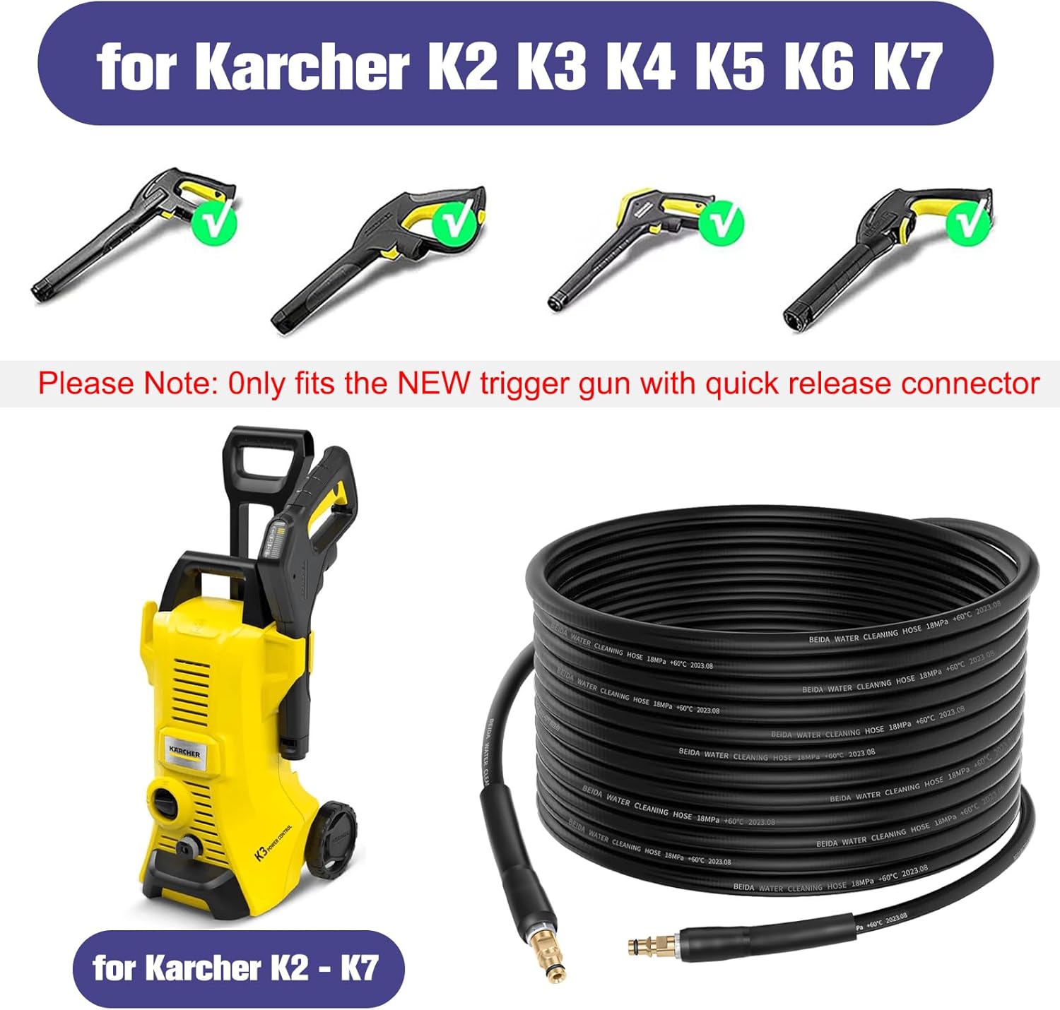 15M Flexible Tuyau Pour Kärcher K2 K3 K4 K5 K6 K7 Nettoyeur Haute Pression Accessoires Rallonge Tuyau De Rechange Pièces Détachées Tuyau D'extension Avec Connecteur Rapide Poignée