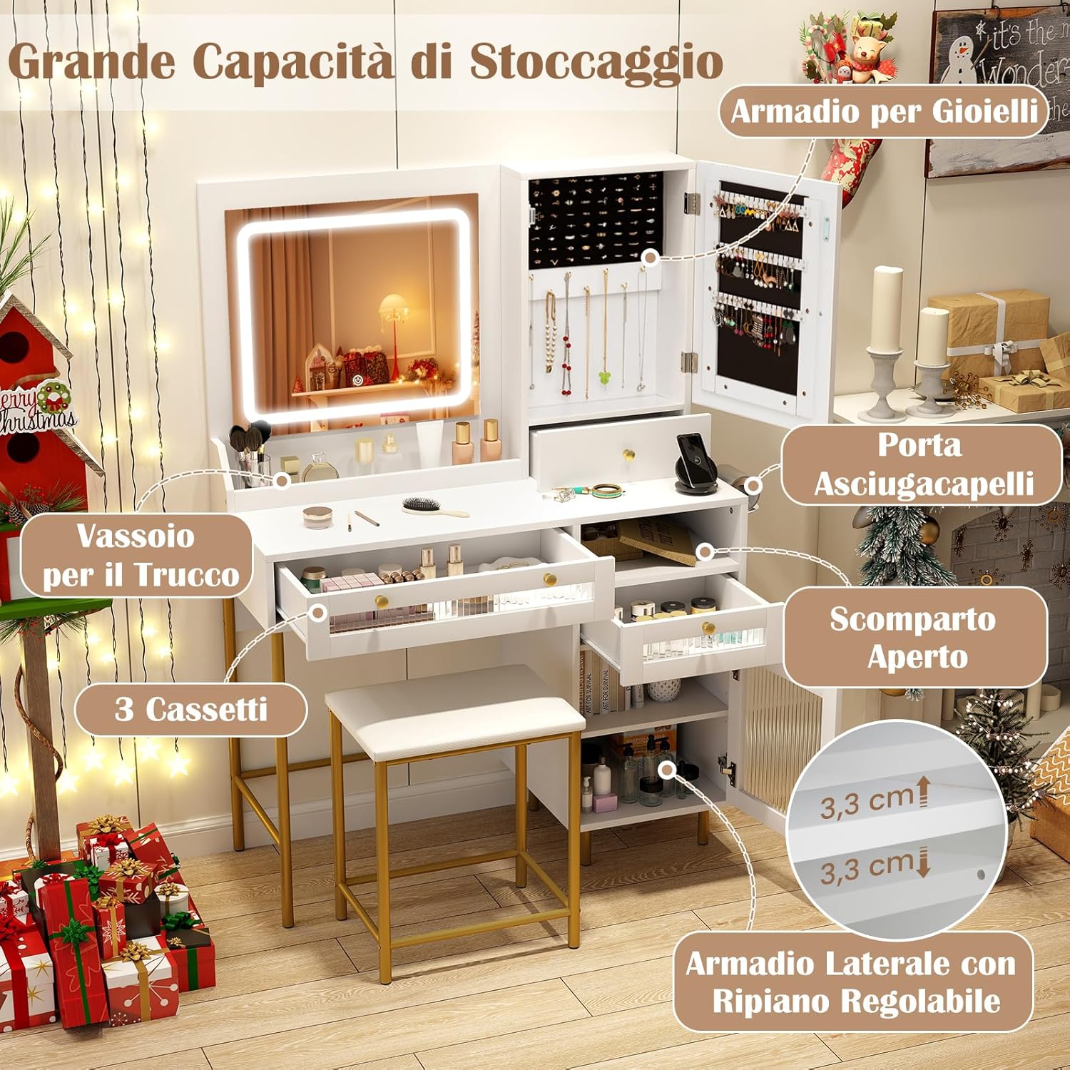 GarveeHome Scrivania Da Trucco Con Luci LED 3 Colori E Specchio, Bianca, Con Stazione Di Ricarica E Cassetti - 4