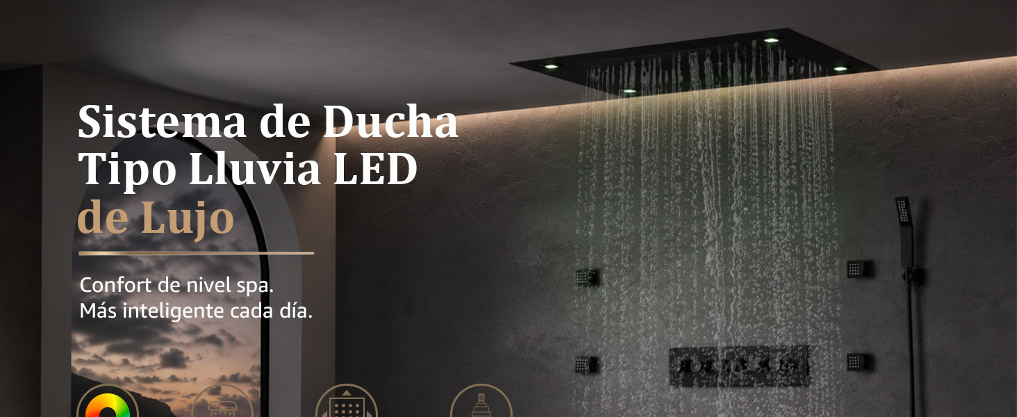 El texto dice «Sistema de Ducha Tipo Lluvia LED». Instalación de ducha fija oscura con un patrón de chorro de agua de lluvia visible sobre un fondo arquitectónico.