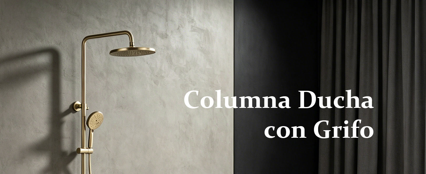 El texto dice «Columna Ducha con Grifo». Columna de ducha de baño en tono dorado con cabezal de ducha y grifo de tubo vertical en la pared.