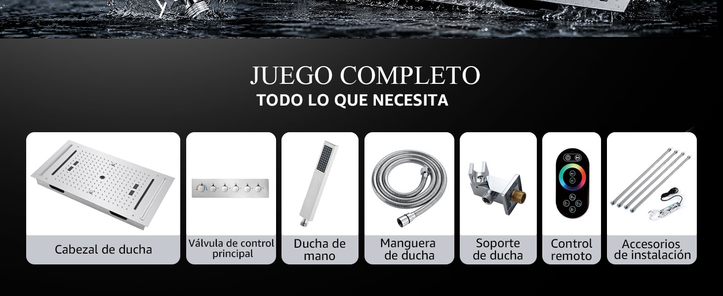 El texto dice «JUEGO COMPLETO» «TODO LO QUE NECESITA». La pantalla completa del juego muestra varios componentes, como la caja blanca, el micrófono, los cables, los auriculares, el ratón y los accesorios de juego, organizados en secciones individuales.