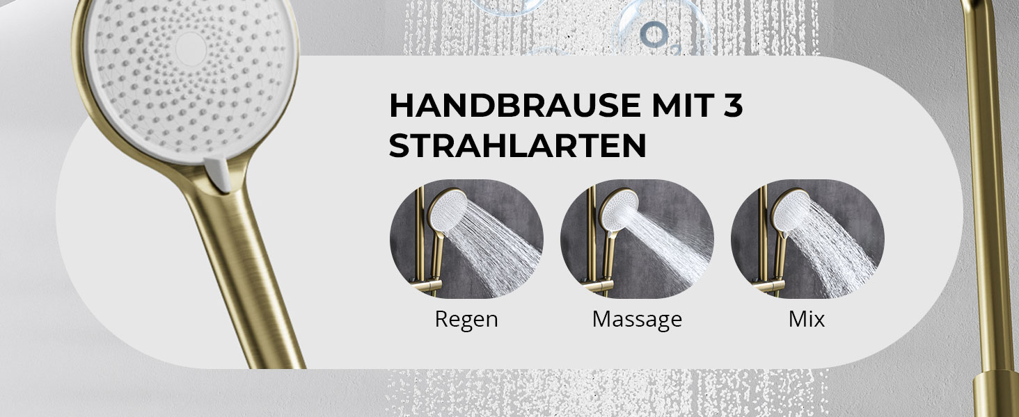 Der Text lautet „HANDBRAUSE MIT 3 STRAHLARTEN“. Handbrause mit den drei Funktionsmodi „Regen“, „Massage“ und „Mix“. Weißes und messingfarbenes Design mit perforiertem Duschkopf, der oben abgebildet ist.
