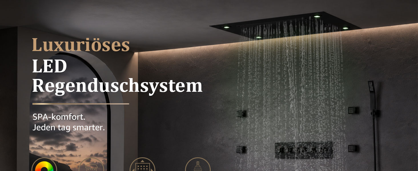 Der Text lautet „Luxurioses LED Regenduschsystem“, „SPA-Komfort“, „Edelstahl“. Modernes Badezimmer mit LED-Regenduschsystem, das an einer dunklen Wand montiert ist und einen Wasserfall-Effekt zeigt.