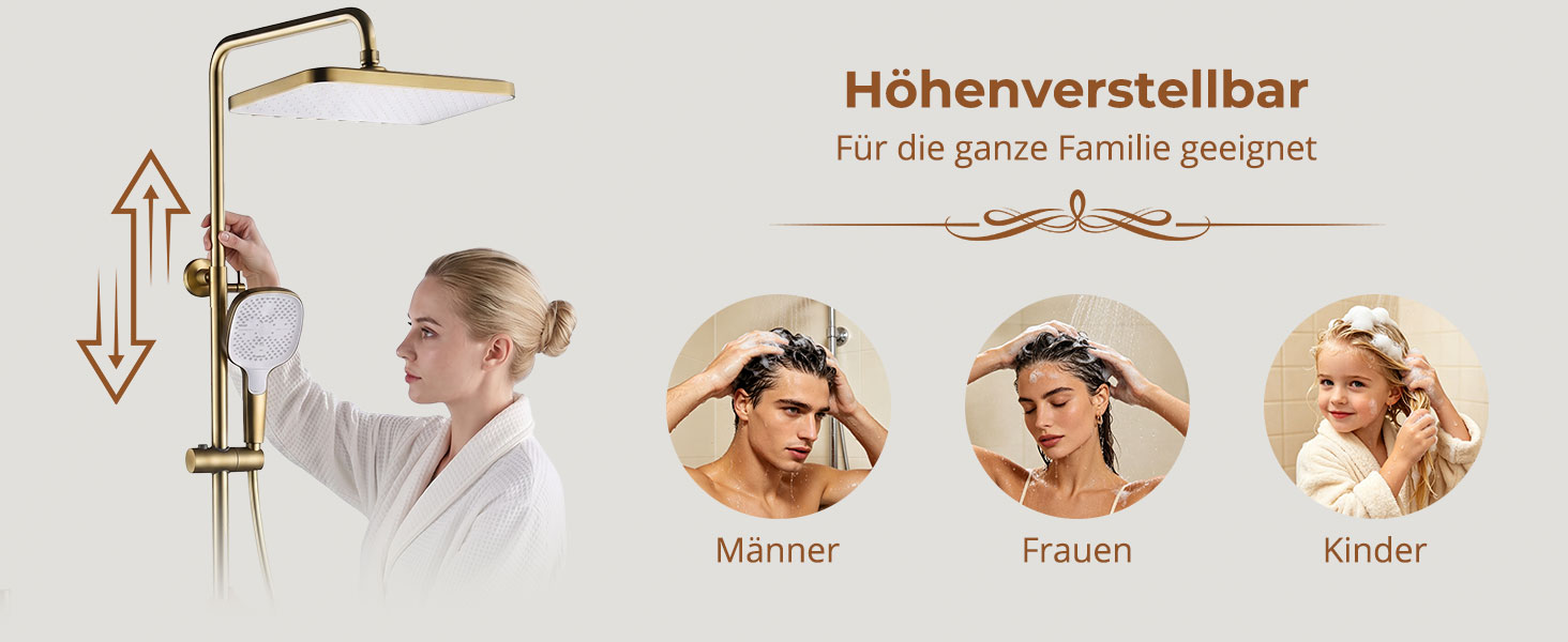 Der Text lautet „Höhenverstellbar“ und „für alle Größe perfekt geeignet“. Vier illustrierte Figuren (Frau, Mann, Kind, Baby) demonstrieren die höhenverstellbare Funktionalität für verschiedene Benutzer.