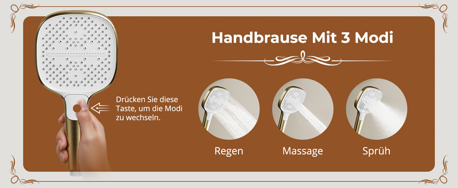 Der Text lautet „Handbrasss mit 3 Modi“. Der hellbraune, gewebte Schlägerkopf ist mit drei Funktionssymbolen versehen: „Regen“ (Regen), „Massage“ (Massage) und „Spiel“ (Spielen), die verschiedene Nutzungsmodi demonstrieren.