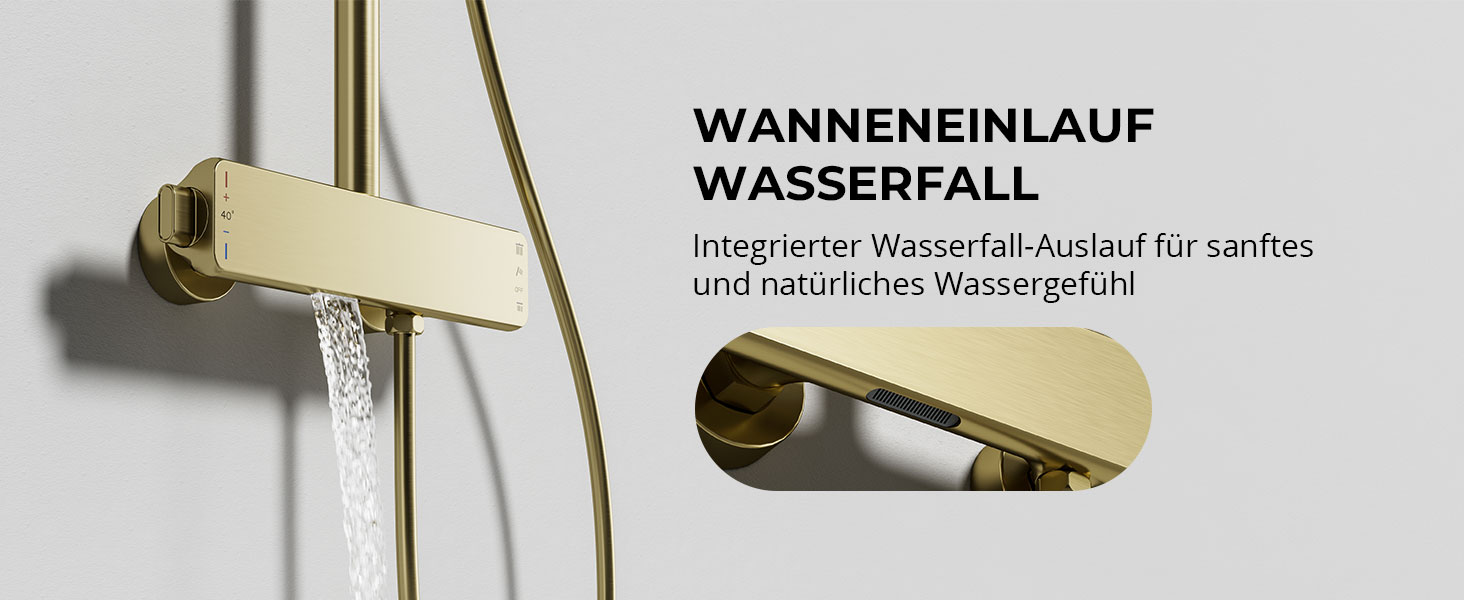 Der Text lautet „WANNENEINLAUF WASSERFALL“ und „Integrierter Wasserfall-Auslauf für sanftes und natürliches Wassergefühl“. Der Wasserfallhahn aus Messing wird in zwei Ansichten dargestellt und zeigt die Funktion des Wasserauslasses.