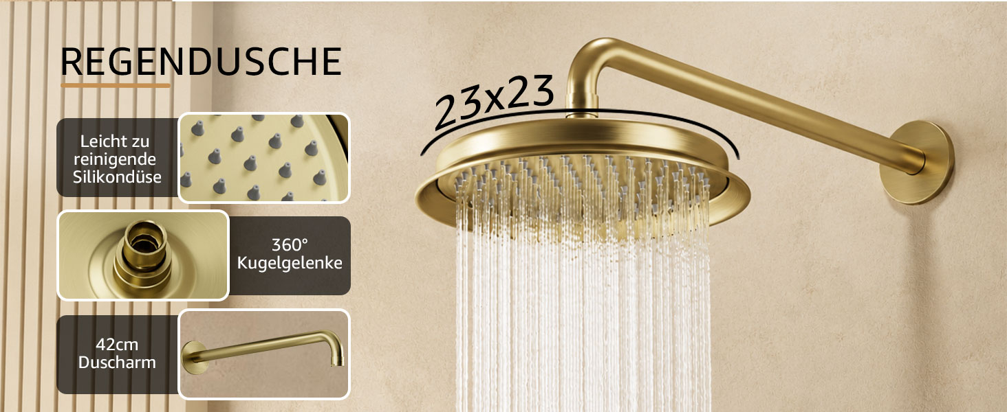 Der Text lautet „REGENDUSCHE“, „23x23“. Regenduschkopf aus Messing mit Einstellmöglichkeiten und Montageteilen auf beigem Hintergrund.