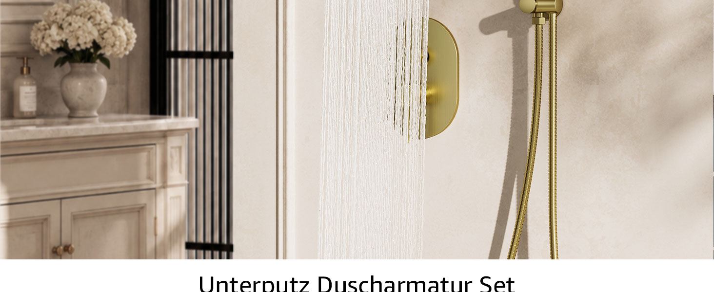 Der Text lautet „Unterputz Duschamatur Set“. Moderne weiße Inneneinrichtung mit an der Wand befestigter Duscharmatur, abgebildet mit dekorativem Spiegel und Regalen.